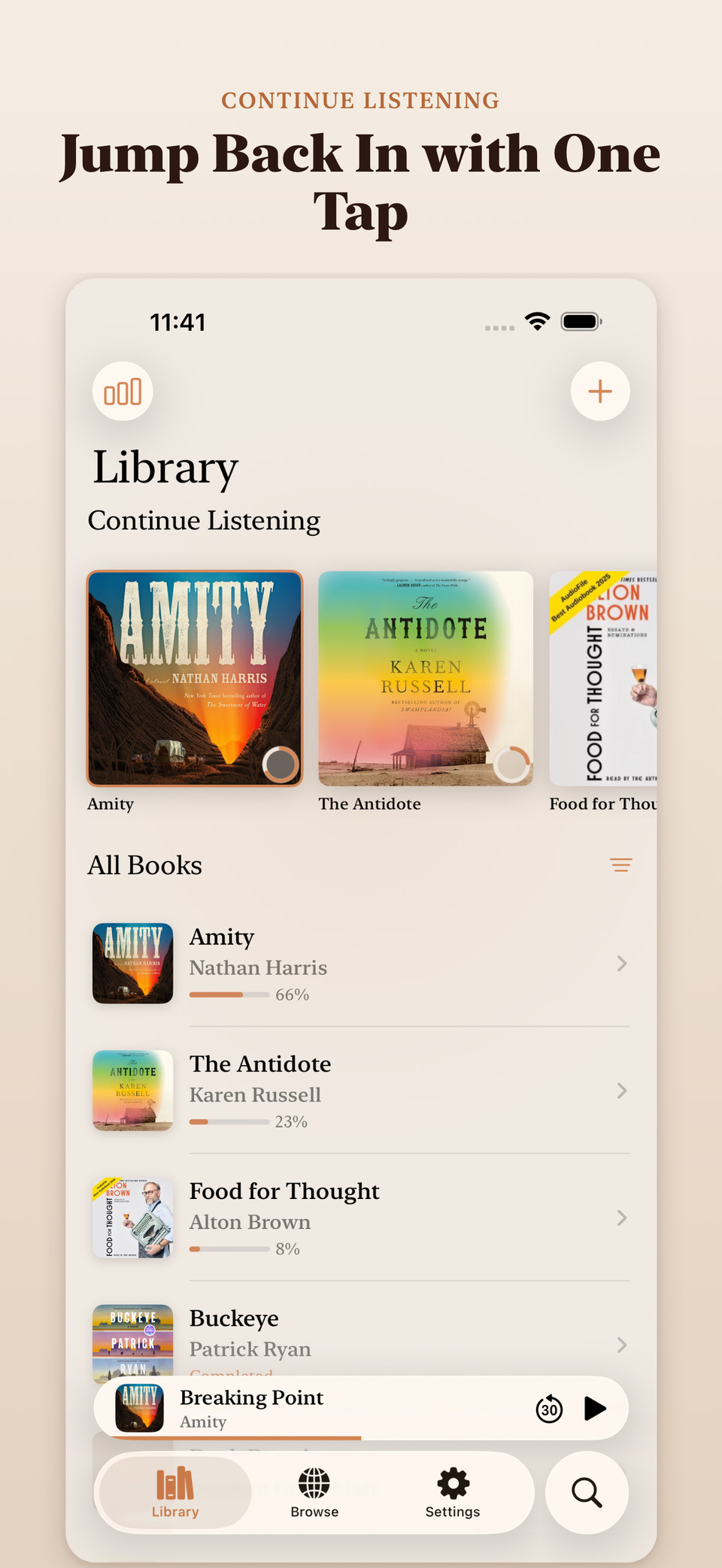 Audiobook library with continue listening and progress