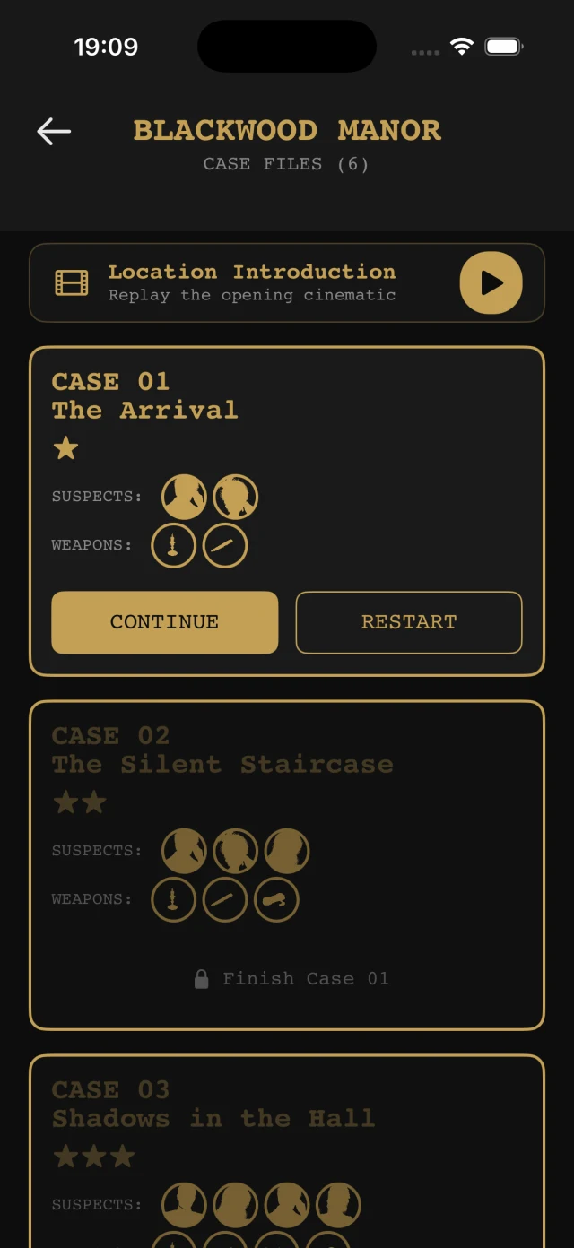 Blackwood Manor case selection showing The Arrival, The Silent Staircase and Shadows in the Hall